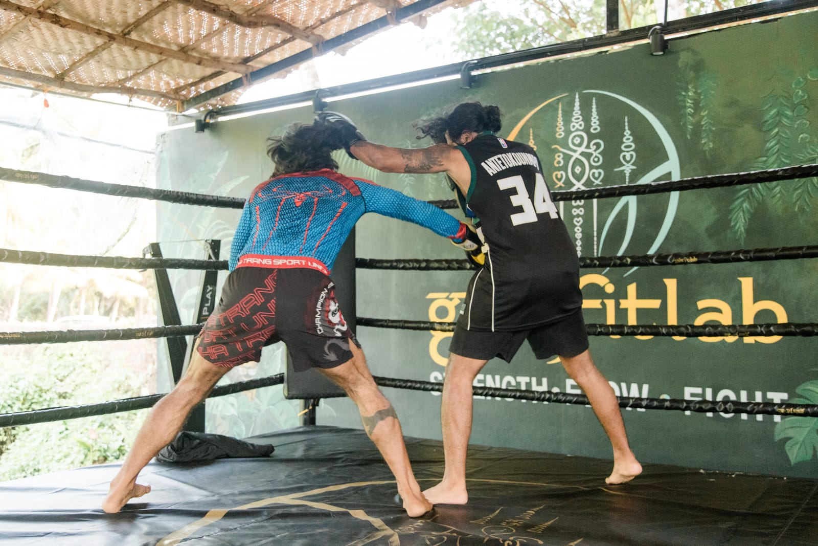 Muay thai sparring in the ring at Gaia Fit Lab, Morjim
