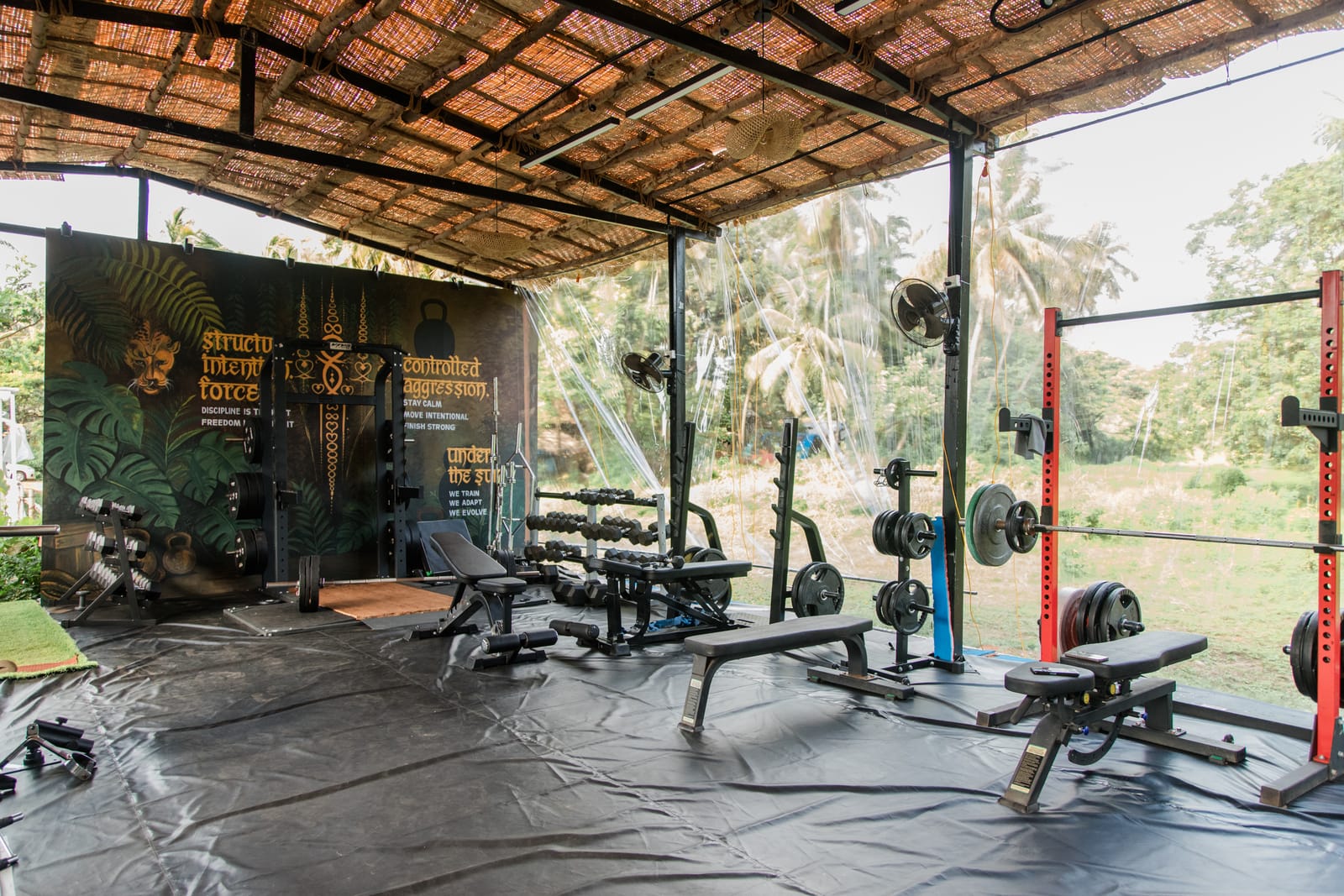 Strength gym with racks, benches and jungle view at Gaia Fit Lab